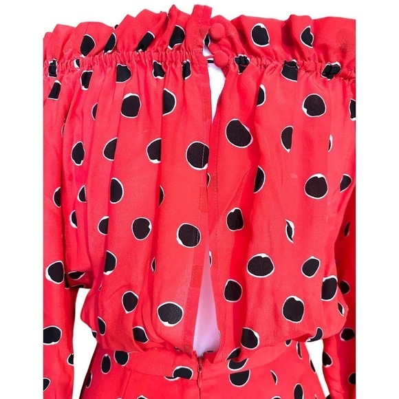 Saloni Midi Dress SILK Red White Black Polka Dot Grace Off Shoulder Ruffle XS 0 - Picture 11 of 12